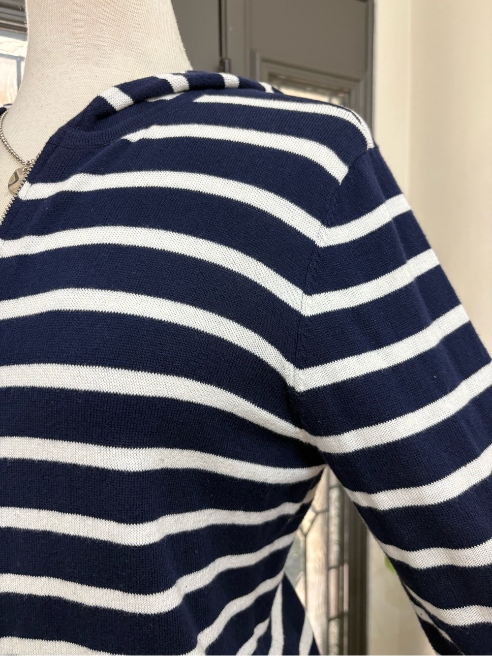 Chico's Navy and White Striped Lightweight Zip Hoodie Cardigan - Picture 3 of 8
